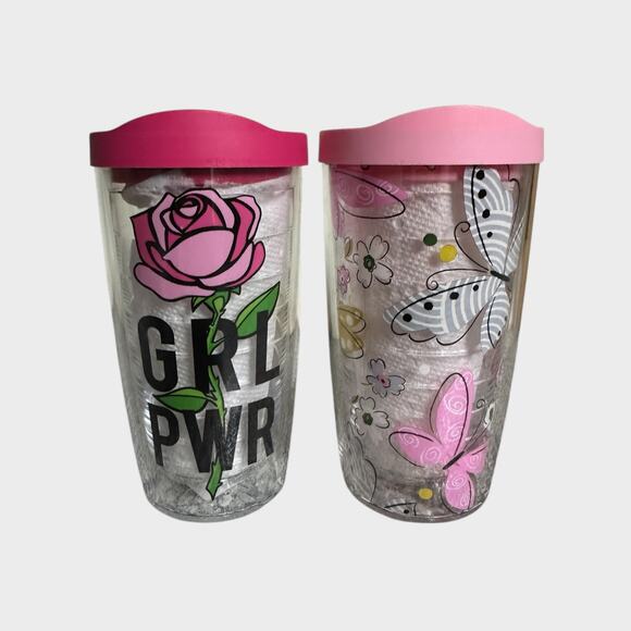 Tervis Lot of 2 Pink Girl Power Rose Butterflies 16 Ounce with Lid - Picture 10 of 11